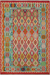 Flat Weave Kilim Antique Navaho Vintage handmade Geometric Kilim Red Blue Hand-Woven Rectangle 100% Wool Area Rug 8x10
